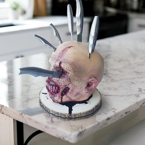 Image of Halloween Knife Block, Quirky Counter Fruit Knife Holder, Creepy Bloody Skeleton Head Knife Storage Stand, Gothic Home Kitchen Decor, Horror Party Ornament Gag Gift for Halloween/Christmas/Birthday