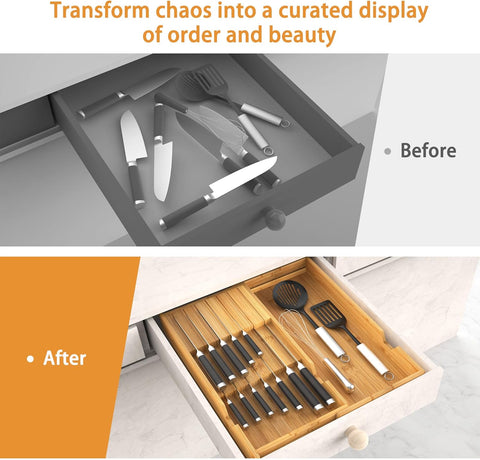 Image of Bamboo Knife Organizer for Kitchen Drawer, Knife Block Holder Drawer Insert with Expandable Tray for Fork Spoon Scissor, Large Kitchen Knife Holder without Knives, Holds 7 Knives