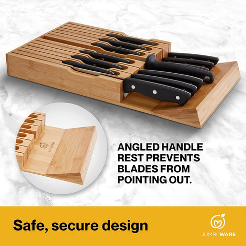 Image of Bamboo In-Drawer Knife Block Wooden Organizer & Cutlery Holder Insert for inside Drawer, Cabinet or Counter Universal Dock Fits 16 Steak Knives & Sharpener Great Kitchen Gadget Gift