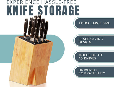 Image of XL Large Universal Knife Block without Knives - Bamboo Countertop Knife Holder W/Removable Bristles - Convenient & Versatile for Any Knife Size