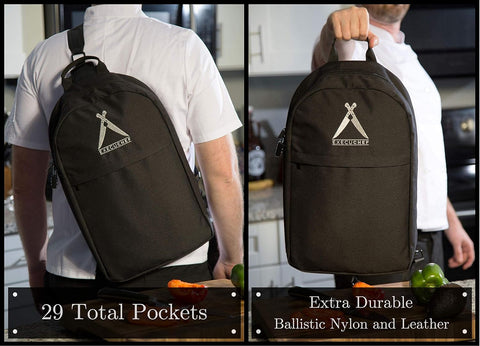 Image of Execuchef Knife Bag with 29 Pockets for Knives and Kitchen Utensils | Business Card Holder and Lock | Water Resistant and Durable Ballistic Nylon Backpack for Professional Chefs and Culinary Students