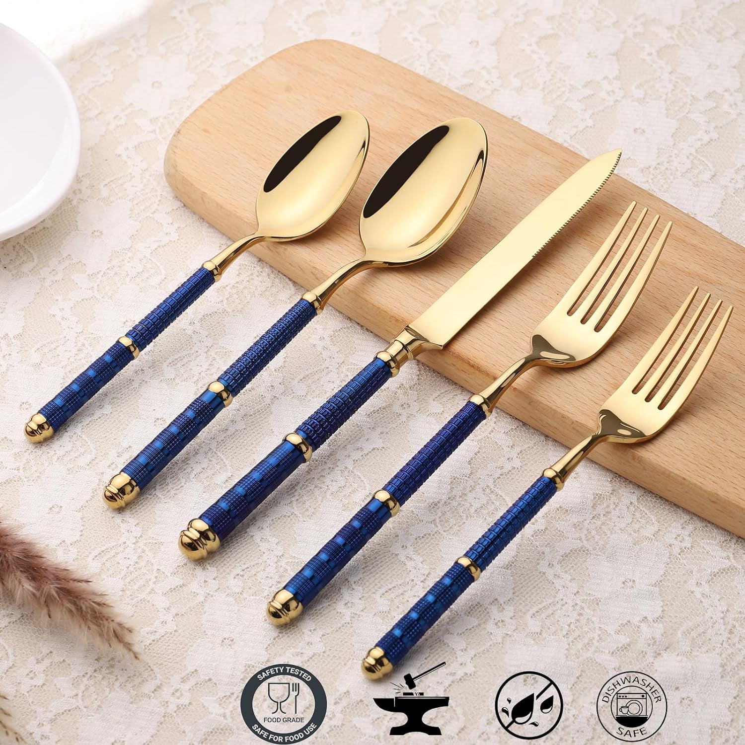 5Pcs 18/10 Stainless Steel Silverware Set Forged Manual Polishing Flatware Set Titanium Plated with Luxury Domee Handle Dishwasher Safe Home Hotel Restaurant Use Wedding Housewarming Gift Gold Blue