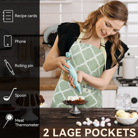 Image of 2 Pieces Aprons for Women with Pockets, Cotton Linen Waterproof Kitchen Cooking Aprons, Chef Apronfor Men Women with Adjustable Neck Strap and Long Ties(Grey/Green)