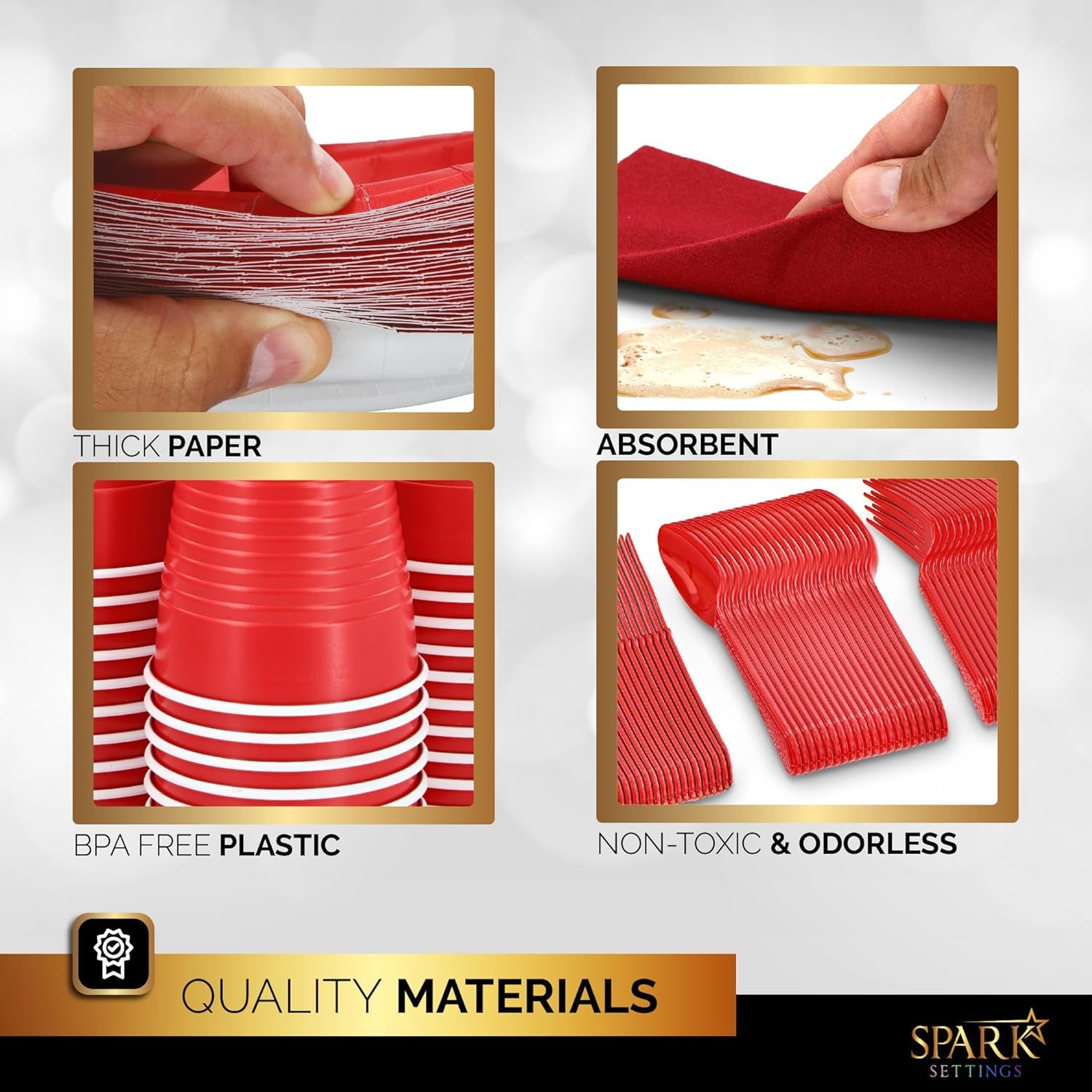 Red Party Supplies Set Paper Plates Plastic Cups Forks Knives Spoons Napkins Tablecloth Serves 20 Guests Disposable Dinnerware Set of 222 Pieces, Complete Tableware for Party - by