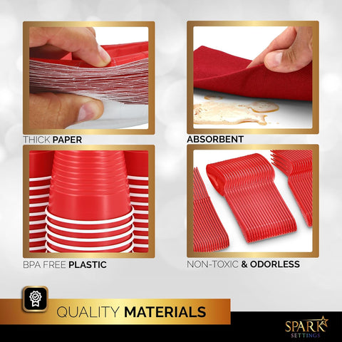 Image of Red Party Supplies Set Paper Plates Plastic Cups Forks Knives Spoons Napkins Tablecloth Serves 20 Guests Disposable Dinnerware Set of 222 Pieces, Complete Tableware for Party - by