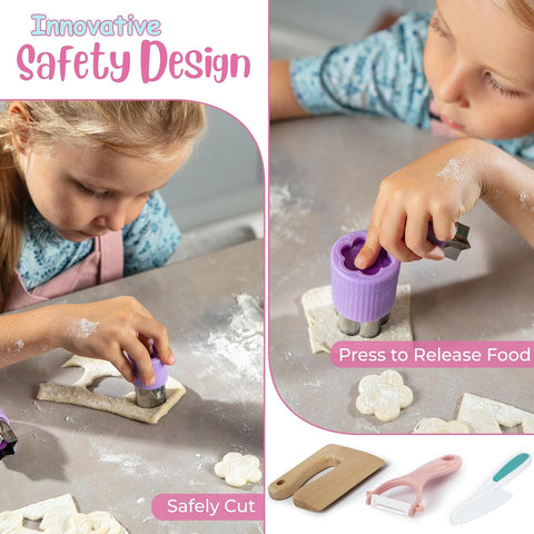 Image of 13 Pieces Montessori Kids Cooking and Baking Set - Kids Knife Set for Real Cooking, Durable Kids Cutting Board, Knife Set, Silicone Spatula, Whisk, Cookie Cutters, Kids Apron, Toddler Kitchen