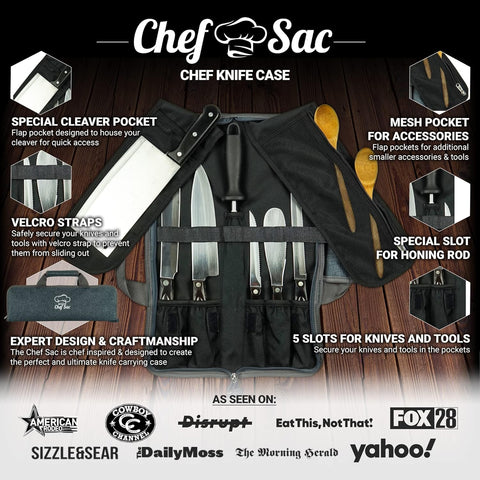 Image of Chef Knife Roll Bag Travel Case | 8 Pockets for Knives & Tools | 2 Flaps with Cleaver & Mesh Pocket | Honing Rod Slot | Chef Knife Case for Professional & Students | Knives Not Included (Denim Grey)