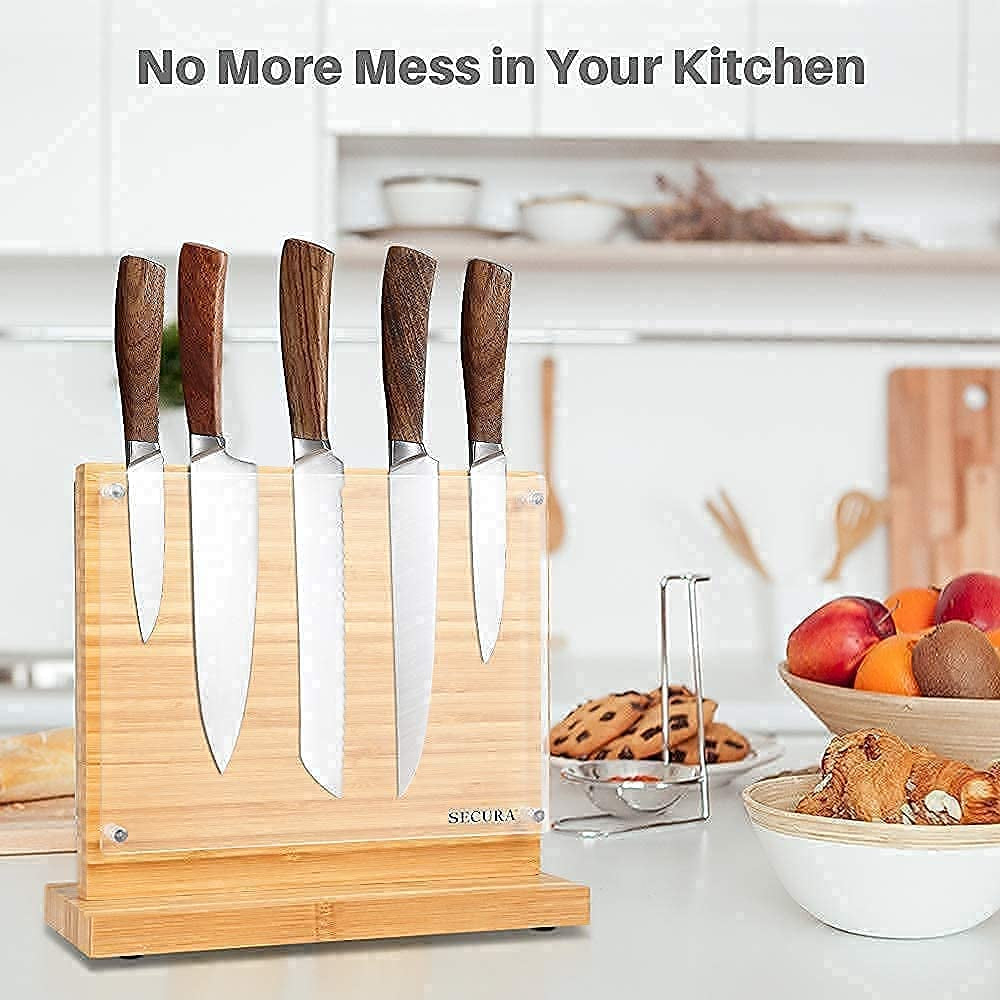 Magnetic Knife Block Double Side Knife Holder Bamboo Knife Stand for Kitchen Cutlery Display Rack and Organizer with Acrylic Shield Double Side Storage Strongly Magnetic without Knives,10 Inch