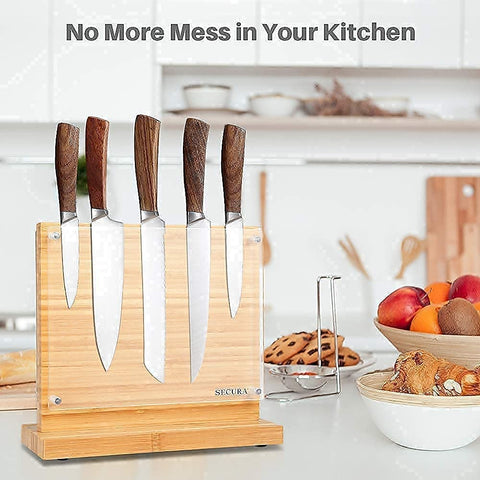 Image of Magnetic Knife Block Double Side Knife Holder Bamboo Knife Stand for Kitchen Cutlery Display Rack and Organizer with Acrylic Shield Double Side Storage Strongly Magnetic without Knives,10 Inch