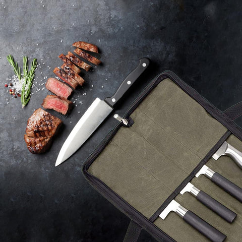 Image of Knife Bag, Chefs Knife Roll Bag, Durable Waxed Canvas Knife Bag with Zipper Pocket, Portable Chefs Knife Cases Cutlery Knives Holders Protectors, Knife Roll for Knives & Kitchen Tools(Green)