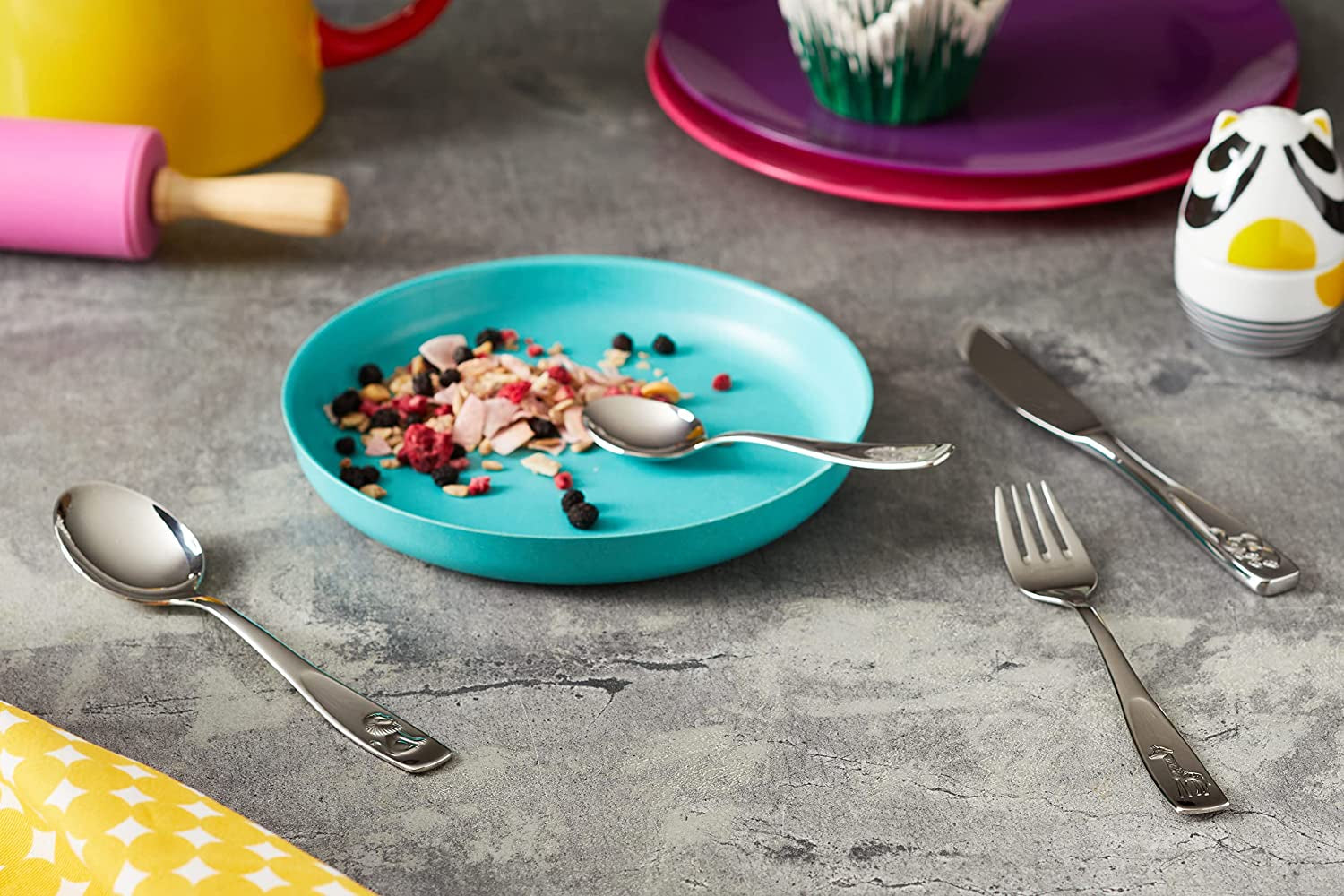 Pignr Animals Children'S Cutlery, 4-Piece, from 3 Years, Cromargan Polished Stainless Steel, Dishwasher-Safe in a Gift Box with General Illustration, 4Pcs, Silver