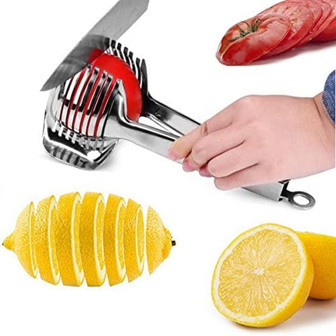 Image of Tomato Lemon Slicer Holder round Fruits Onion Shreader Cutter Guide Tongs with Handle Kitchen Cutting Potato Lime Food Stand Stainless Steel