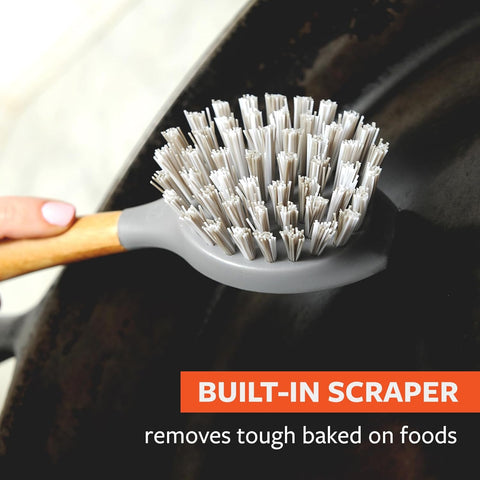 Image of Tenacious C Cast Iron Brush and Scraper with Bamboo Handle – Skillet Scrubber with Tough Nylon Bristles, Grey, One Size, Gray