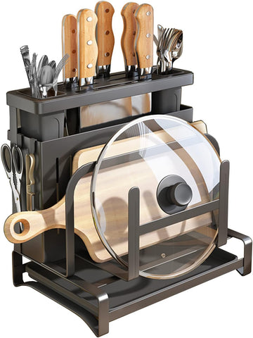 Image of Kitchen Knife Holder, Multifunctional Wall-Mounted Utensil Rack, Knife Holder for Kitchen Counter, Storage Lids, Cutting Board Organizer, Black (Knife Holder-Black)