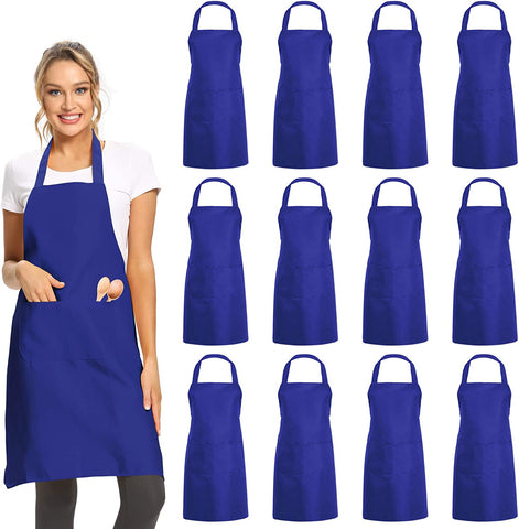 Image of 12 Pack Plain Bib Aprons with 2 Pockets - Blue Unisex Commercial Apron Bulk for Kitchen Cooking Restaurant BBQ Painting Crafting