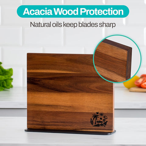 Image of Magnetic Knife Block Holder Rack - Acacia Wood Cutlery Storage for 12 Knives Double Sided Magnets & Non-Slip Base - Knives Not Included