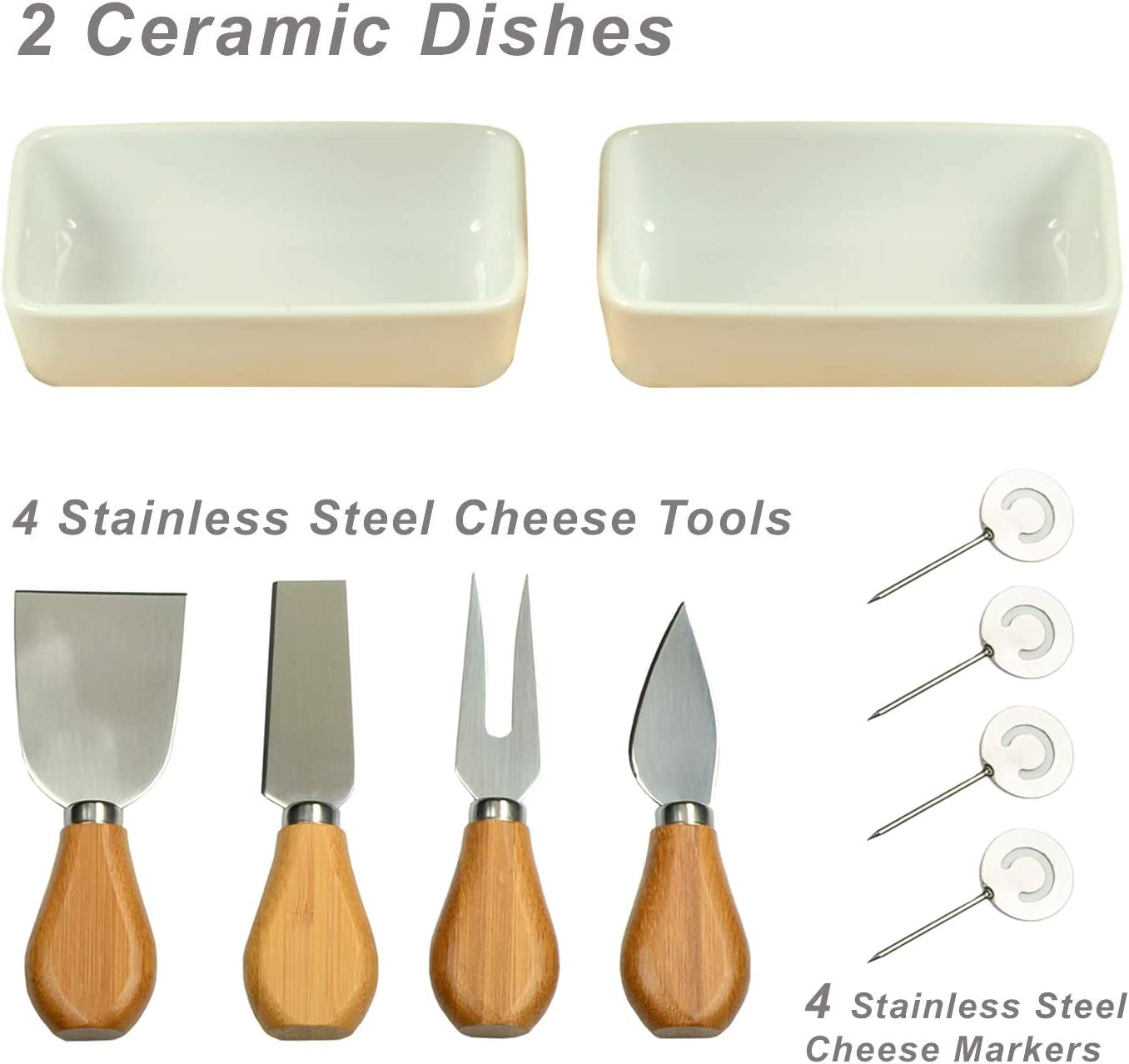 Large Bamboo Cheese Board/Charcuterie Platter with 4 Stainless Steel Tools, 2 Ceramic Trays & Cheese Markers -16" X 13"- Designed & Quality Checked in USA