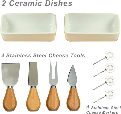 Image of Large Bamboo Cheese Board/Charcuterie Platter with 4 Stainless Steel Tools, 2 Ceramic Trays & Cheese Markers -16" X 13"- Designed & Quality Checked in USA