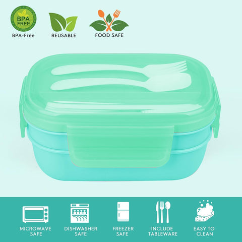 Image of Bento Box Lunch Box Kit, 3 Stackable Bento Lunch Containers for Adults/Kids, Durable Leak-Proof Box with Spoon Fork Bag Accessories, Microwave Dishwasher Freezer Safe, Green