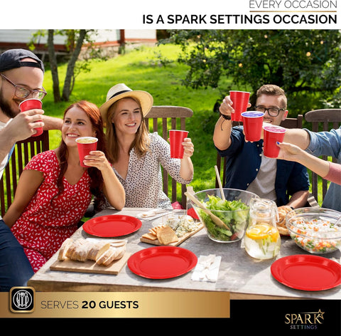 Image of Red Party Supplies Set Paper Plates Plastic Cups Forks Knives Spoons Napkins Tablecloth Serves 20 Guests Disposable Dinnerware Set of 222 Pieces, Complete Tableware for Party - by