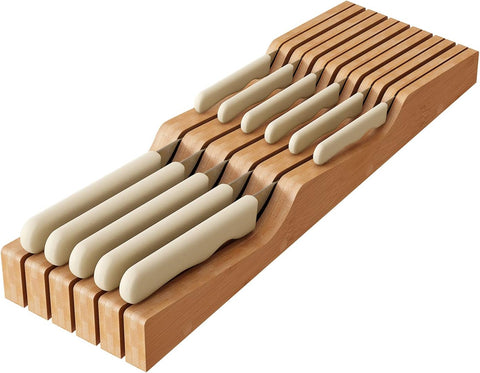 Image of In-Drawer Knife Block Organizer - Bamboo Wood Drawer Knife Organizer-Protecting Knife Organizer Block Holds up to 11 Knives(Not Included)