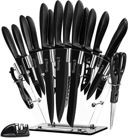 Image of 18Pc Kitchen Knife Set with Block, Super Sharp Black Knife Set, Versatile Chef Knife Set with Knife Sharpener & Peeler, Stainless Steel Knives for Kitchen, 6 Steak Knives Included