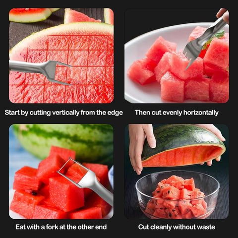 Image of 2 Pcs Watermelon Fork Slicer Cutter, Stainless Steel Watermelon Slicer Cutter 2-In-1 Summer Watermelon Fruit Cutting Fork, for Home Party Camping Kitchen Gadget