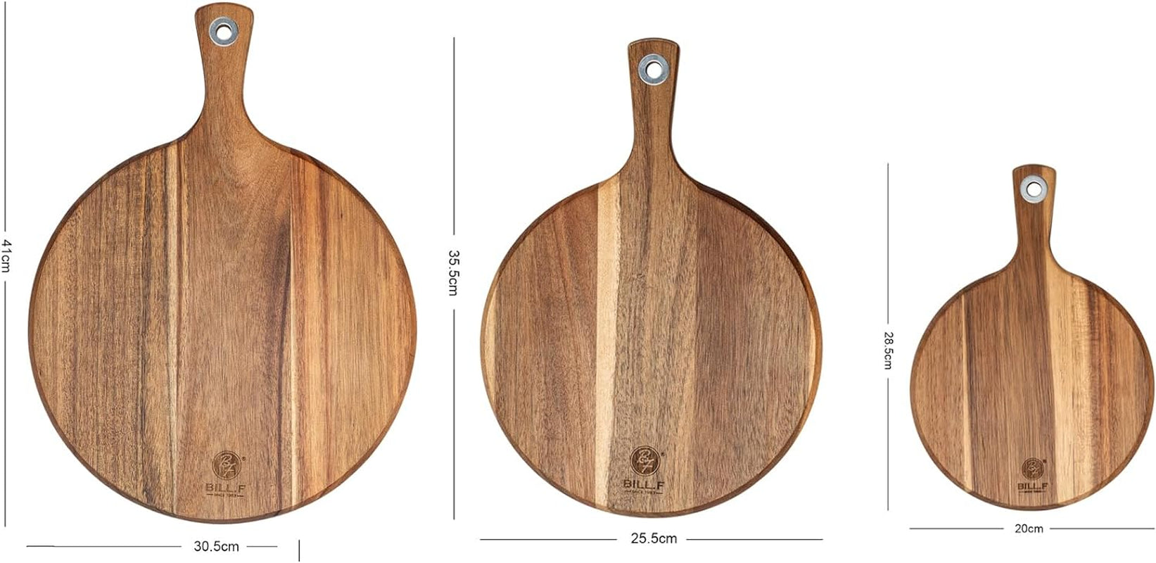 BILL.F Acacia Pizza Peel, Set of 3 Acacia Wood Cutting Board 8" 10" 12" Inch Cutting Board, Cheese Paddle Board, Bread and Crackers Platter for Serving and Minor Food Prepare with Handle and Organizer