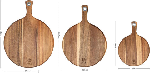 Image of BILL.F Acacia Pizza Peel, Set of 3 Acacia Wood Cutting Board 8" 10" 12" Inch Cutting Board, Cheese Paddle Board, Bread and Crackers Platter for Serving and Minor Food Prepare with Handle and Organizer