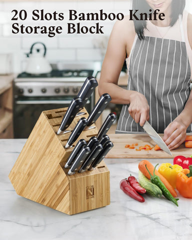 Image of Bamboo Knife Storage Block without Knives, 20 Slot Universal Knife Holder Countertop Butcher Block Knife Stand for Easy Kitchen Storage