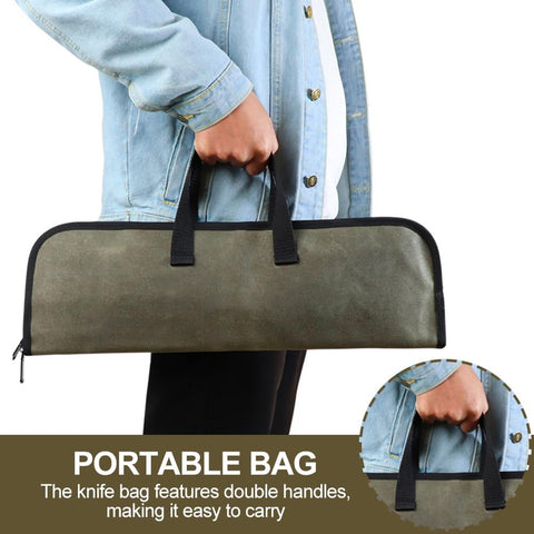 Image of Knife Bag, Chefs Knife Roll Bag, Durable Waxed Canvas Knife Bag with Zipper Pocket, Portable Chefs Knife Cases Cutlery Knives Holders Protectors, Knife Roll for Knives & Kitchen Tools(Green)