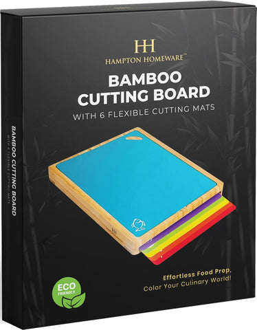 Image of Large Bamboo Wood Cutting Board Set with 6 Color-Coded Flexible Cutting Mats with Food Icons to Prevent Cross-Contamination - Ultimate Culinary Chopping Board Set
