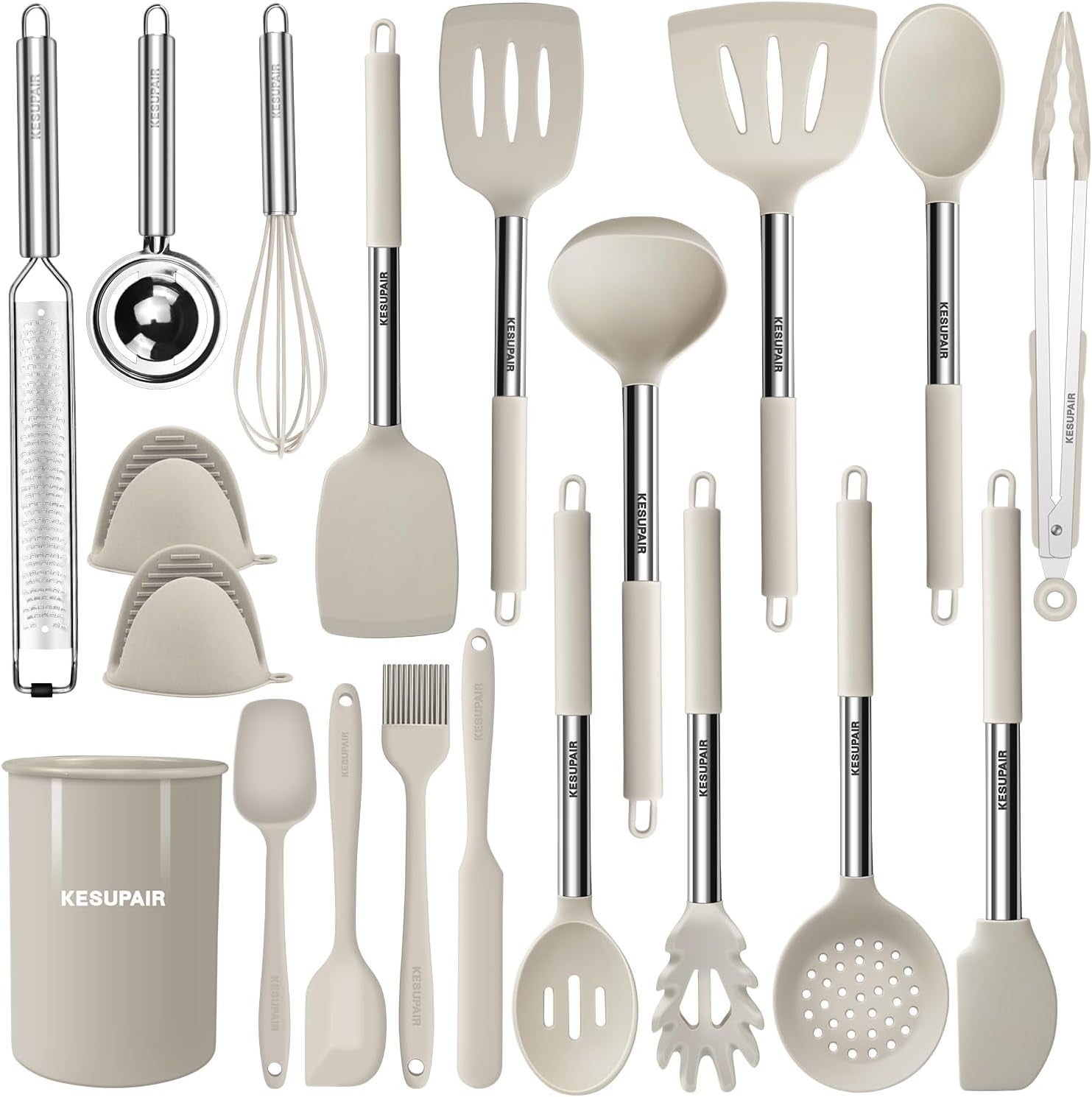 Silicone Kitchen Utensils Set, 20 Pcs Cooking Utensils Set-Cooking Utensil - Kitchen Gadgets and Tools with Holder-Stainless Steel Kitchen Utensil with Grater,Turner,Tongs (Khaki)