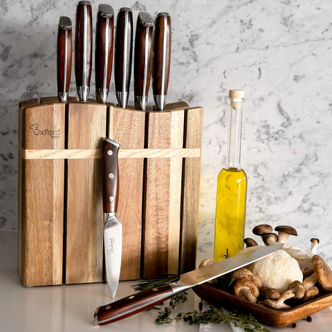 Image of Wooden Kitchen Knife Block - Luxury Hand-Crafted Acacia Wood 8 Slot Storage Block. Can Hold 8 Knives up to 9" Long. Non-Skid, Non-Scratch Rubber Feet