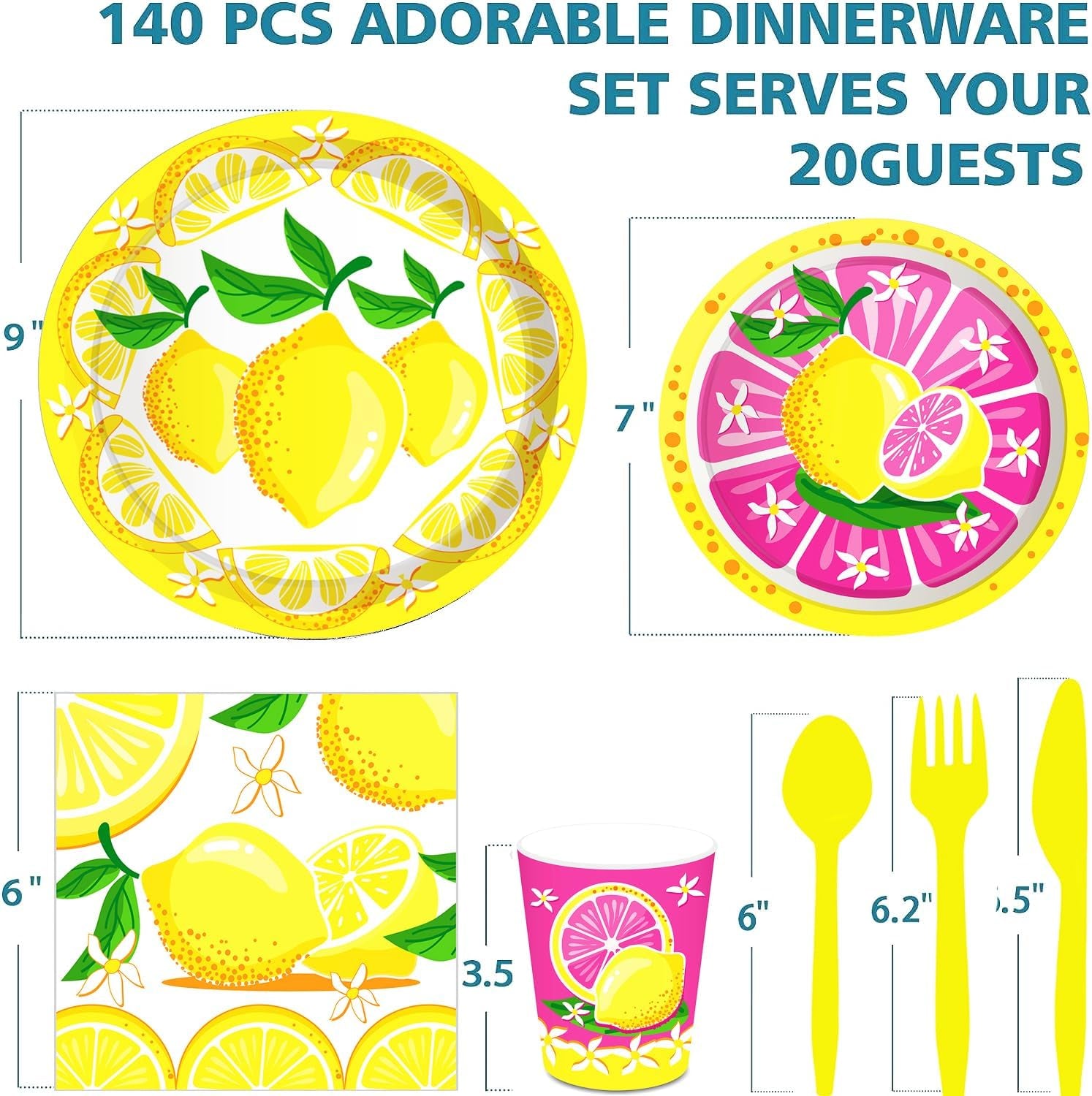 140Pcs Yellow Lemon Party Supplies Citrus Fruit Tableware Set 9"& 7"Lemon Plates Napkins Cup Knives Forks Spoons for Lemonade Summer Tropical Themed Beach Lemon Birthday Party Decorations Serve20