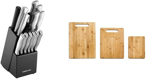 Image of Stamped 15-Piece High-Carbon Stainless Steel Knife Block Set, Steak Knives & 3-Piece Bamboo Cutting Board, Set of 3 Assorted Sizes, Brown