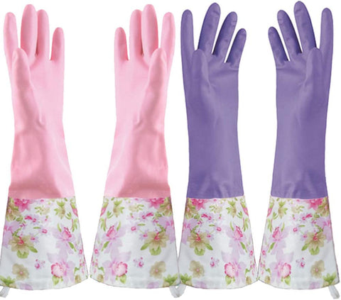Image of Dishwashing Cleaning Gloves, 2 Pair Reusable Household Cleaning Gloves Long Cuff and Flock Lining