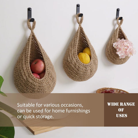 Image of Hanging Fruit Basket Set of 3, Boho Wall Hanging Storage Jute Basket for Organizing & Decor, Handmade Teardrop Hammock Holder for Onion Fruit Vegetable in Home & Restaurant Kitchen with Hooks