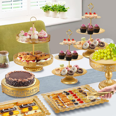 Image of Gold Cake Stand, Metal Dessert Table Display Set Tiered Cupcake Holder Fruit Candy Donut Plate Serving Tower Tray Platter with Tong, Cake Knife and Server Set for Wedding, Birthday Party Decor 11PCS
