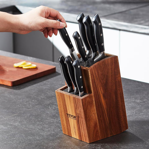 Image of Universal Knife Holder, Acacia Wood Knife Block without Knives, Two-Tier Knife Storage Stand with PP Brush, Extra Large Multifunctional Wooden Knife Organizer, Knife Rack for Kitchen Counter