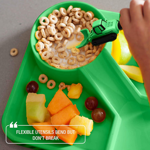 Image of Utensil Set for Kids – Construction Themed Toddler Forks and Spoons, Toddler Utensils – 2-Piece Set – Green Construction Utensils for Toddlers - Loader & Tractor Toddler Spoons and Forks