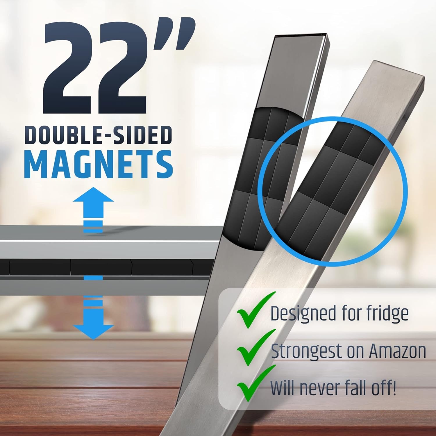 Fridge Applicable Stainless Steel Magnetic Knife Holder with Anti-Slide Upgrade - 22 Inch Professional Double Sided Knife Strip for Refrigerator - Knife Rack/Knife Bar with Powerful Pull Force