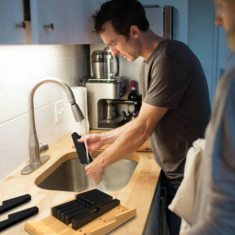 Image of In-Drawer Knife Block Set without Knives, Kitchen Black Knife Holder Organizer, Drawer Steak Knife Block with Detachable Knife Slots, Large Knife Storage Rack for 16 Knives and Sharpener Rod