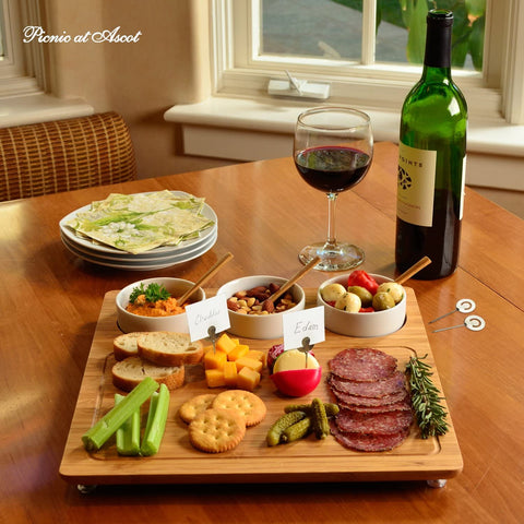 Image of Bamboo Cheese Board/Charcuterie Platter - Includes 3 Ceramic Bowls with Bamboo Spoons & Cheese Markers -13"X 13"- Designed and Quality Checked in the USA