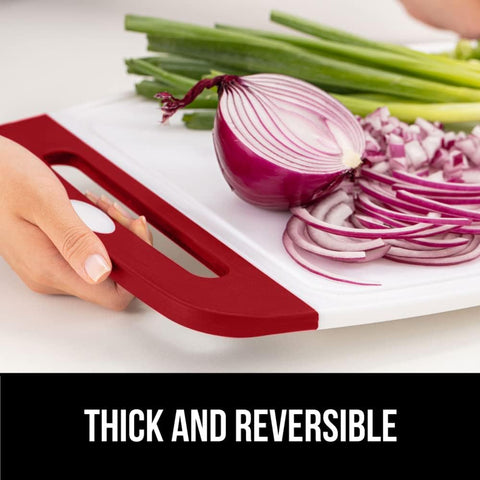 Image of The Original  Oversized 100% BPA Free Reversible Durable Kitchen Cutting Board Set of 3, Dishwasher Safe, Nonslip Handle Border Plastic Boards, Juice Grooves, Chopping Food, Cooking, Red