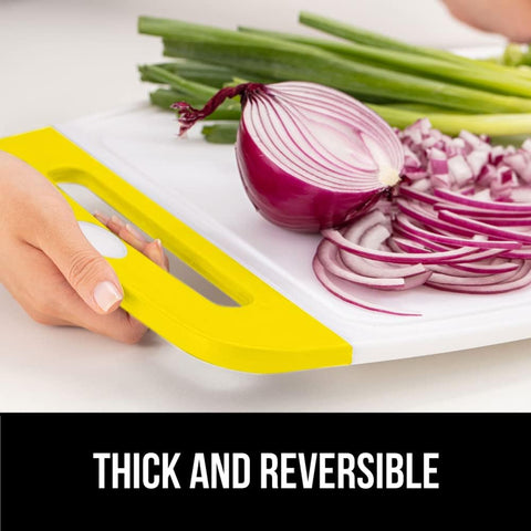 Image of The Original  Oversized 100% BPA Free Reversible Durable Kitchen Cutting Board Set of 3, Dishwasher Safe, Nonslip Handle Border Plastic Boards, Juice Groove, Chopping Food, Cooking, Yellow