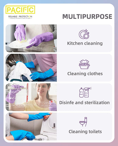 Image of Reusable Dishwashing Cleaning Rubber Gloves, Dish Washing Gloves with Flocked Cotton Liner, Kitchen Gloves, Latex Free, Blue, Medium