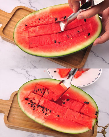 Image of 2-In-1 Watermelon Fork Slicer, Watermelon Slicer Cutter, Stainless Steel Fruit Watermelon Cutter for Family Parties Camping, Professional Fruit Forks Slicer for Watermelon Cubes (1PCS)
