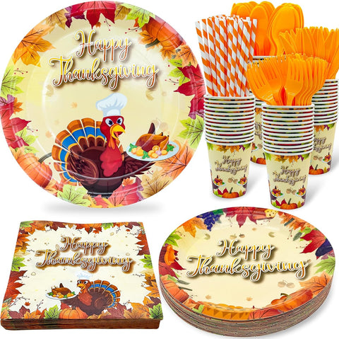 Image of 240Pcs Thanksgiving Party Supplies Disposable Dinnerware Set Include Paper Plates Dessert Plates Napkins Forks Knives Spoon Cups Straws Turkey Themed Thanksgiving Dinner Decorations,Serves 30