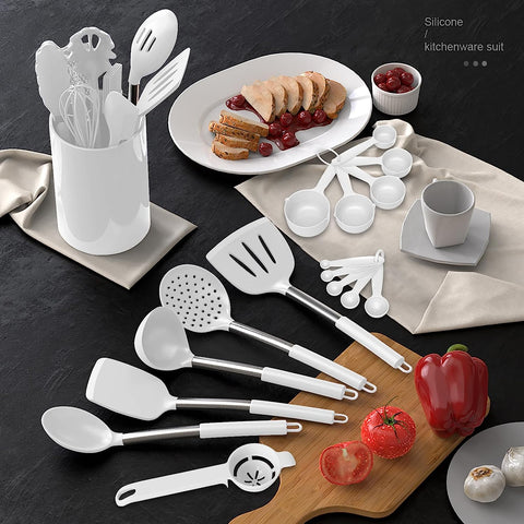 Image of Large Silicone Cooking Utensils Set - Heat Resistant Kitchen Utensils Sets,Spatula,Spoon,Turner Tongs,Brush,Whisk,Stainless Steel Silicone Cooking Utensil for Nonstick Cookware,Dishwasher Safe (White)